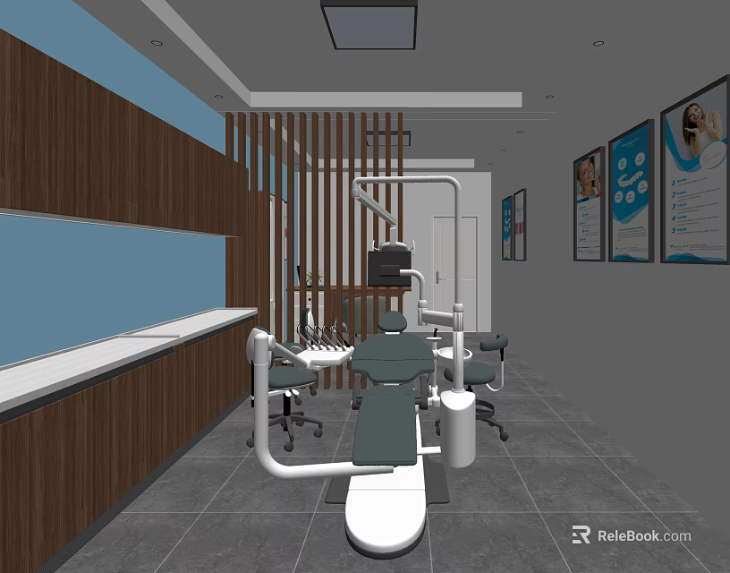 Modern Dental Clinic Interior With Dental Chair Medical Equipment And Wooden Panels 3d model 