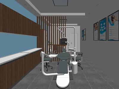 Modern Dental Clinic Interior With Dental Chair Medical Equipment And Wooden Panels 3d model