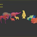 Orange Carved Animal and Vehicle Sculptures Dinosaur Penguin Car on Black Background with Reflections