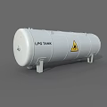 Silver Gray Cylindrical Industrial Tank With Yellow Hazard Warning Sign And Support Legs