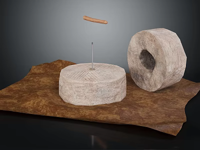 Rustic Garden Decor Accessories with Stone Millstone and Pestle on Brown Cloth 3d model