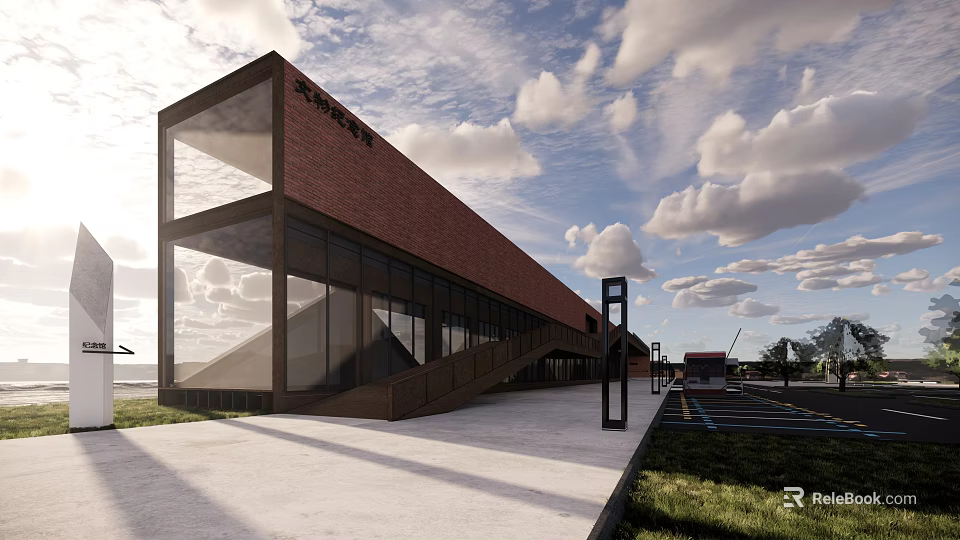 Modern Architectural Building With Red Brick Facade Glass Windows Sloped Roof And Open Plaza 3d model 