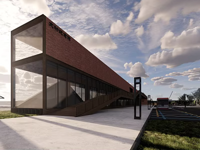 Modern Architectural Building With Red Brick Facade Glass Windows Sloped Roof And Open Plaza 3d model