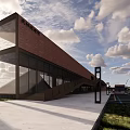 Modern Architectural Building With Red Brick Facade Glass Windows Sloped Roof And Open Plaza
