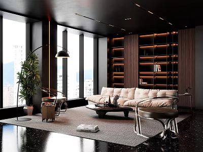 Modern Living Room With Floor to Ceiling Windows City View Beige Sofa Green Plant Wooden Bookshelves 3d model