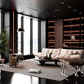 Modern Living Room With Floor to Ceiling Windows City View Beige Sofa Green Plant Wooden Bookshelves