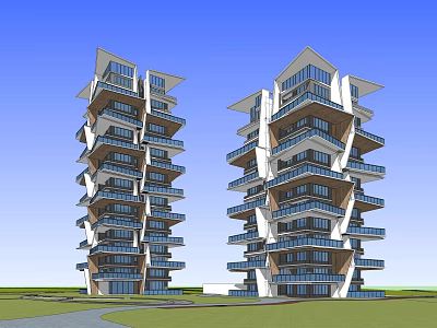 Modern High Rise Buildings With Unique Architectural Design Balconies And Glass Facades Against Blue Sky 3d model