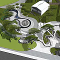 Scenic Landscape Design Featuring Lush Trees Curved Pathway Stones Green Grass And White Flowers