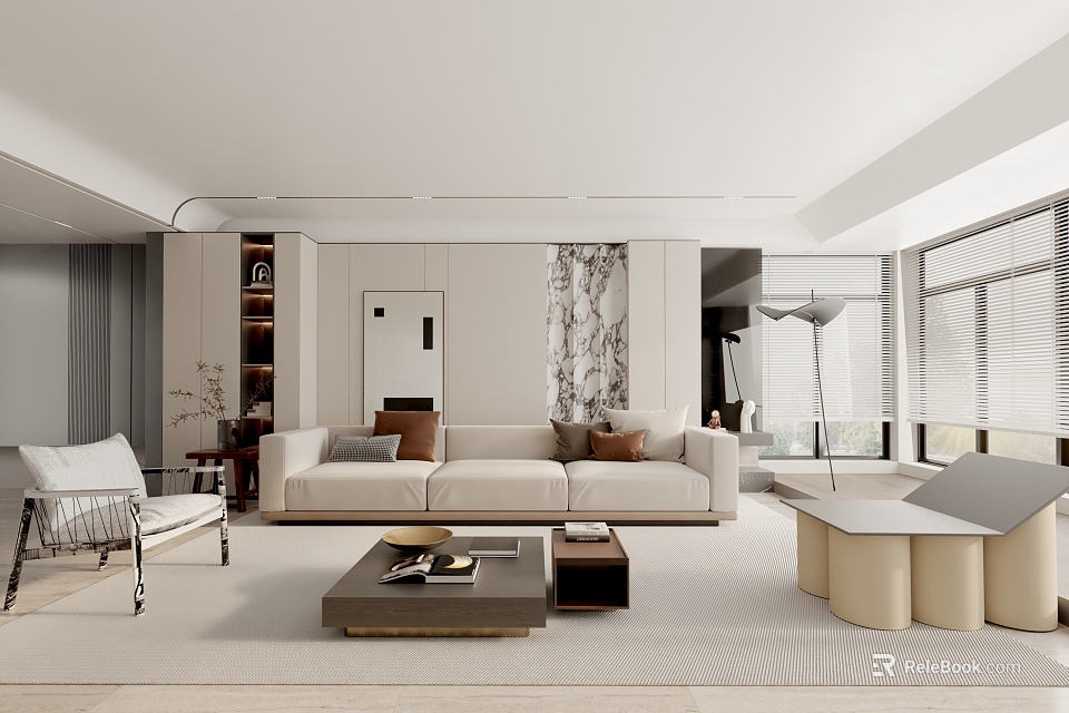 Modern Living Room Interior Design With Beige Sofa Throw Pillows Coffee Table And Large Windows 3d model 