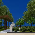 Serene Garden Landscape With Lush Trees Lawn Stone Pathway Pergola And Flowers