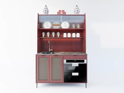 Mahogany Sideboard With Multi tiered Shelves Lattice Doors Decorative Vases Plates And Marble Countertop 3d model