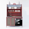 Mahogany Sideboard With Multi tiered Shelves Lattice Doors Decorative Vases Plates And Marble Countertop