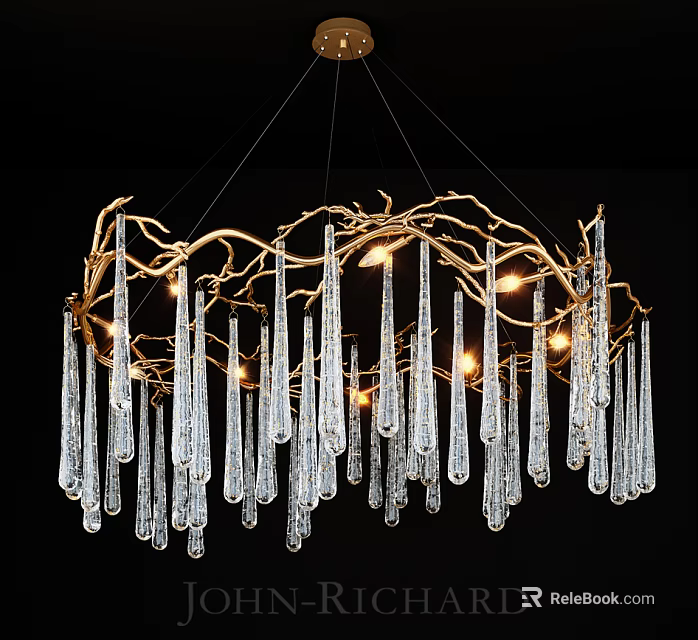 Unique Shaped Chandelier With Golden Branch Frame And Crystal Pendants Emitting Warm Light 3d model 