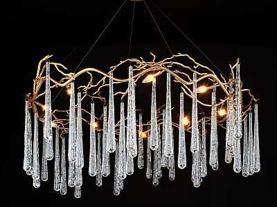 Unique Shaped Chandelier With Golden Branch Frame And Crystal Pendants Emitting Warm Light 3d model