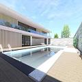 Modern Detached Villa Featuring Swimming Pool Lounge Chairs Umbrellas Glass Windows And Wooden Facade