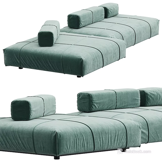 Light Green Velvet Multi Seat Sofa With Striped Modular Design And Cushioned Backrest 3d model