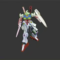 White Robot Figure With Red Feet Blue Chest And Swords Design