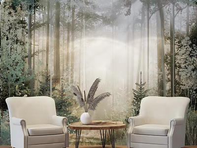 Leisure Sofa Set With Two Reclining Chairs Coffee Table And Natural Forest Wallpaper 3d model