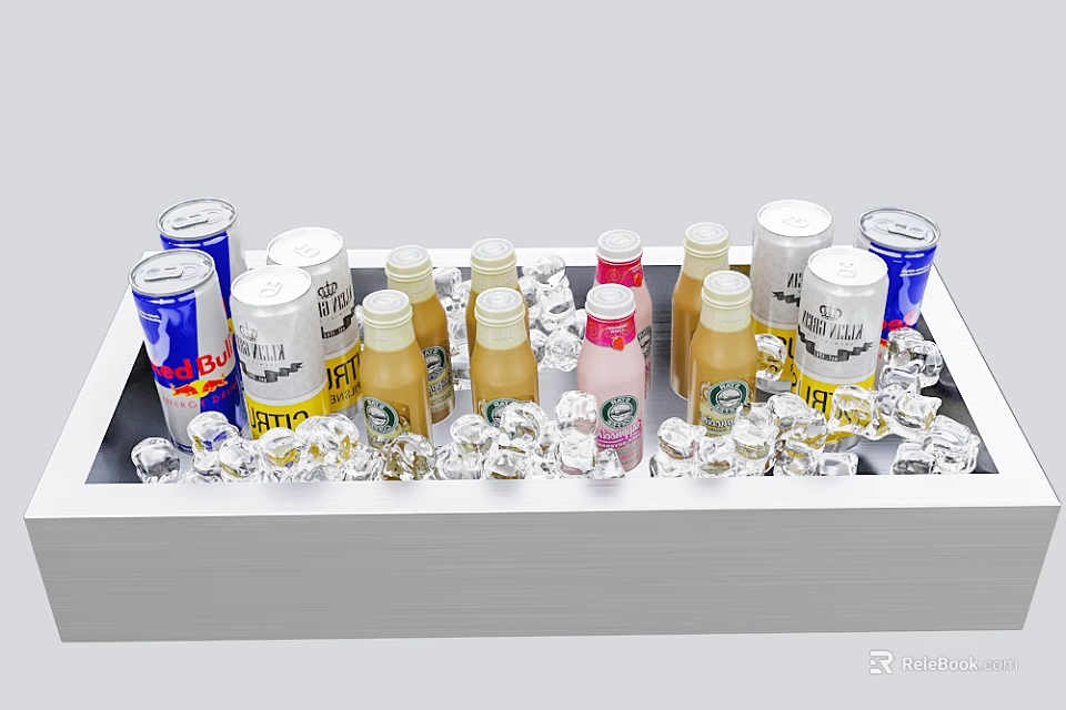 Assorted Cold Drinks with Cans and Bottles on a Tray with Ice Cubes 3d model 