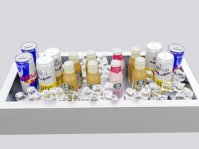 Assorted Cold Drinks with Cans and Bottles on a Tray with Ice Cubes 3d model