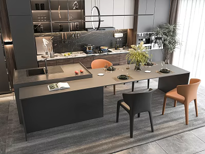 Modern Dining Table Set With Marble Countertop Orange Black Chairs Kitchen Island And Green Plants 3d model
