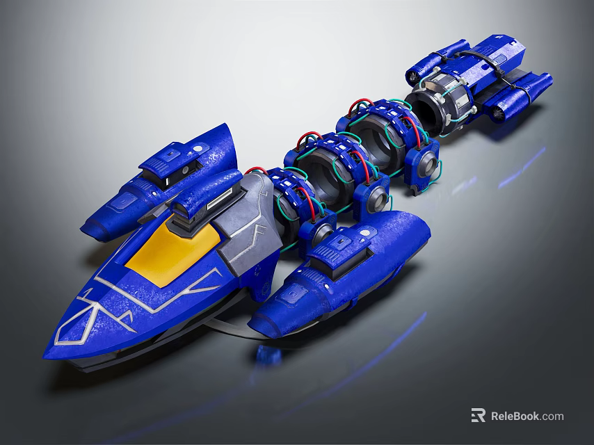 Blue Sci Fi Spaceship Model With Yellow Details Multiple Engines And Streamlined Design 3d model