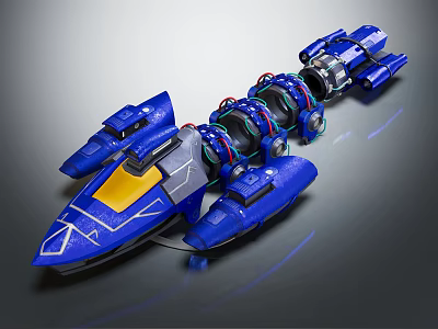 Blue Sci Fi Spaceship Model With Yellow Details Multiple Engines And Streamlined Design 3d model