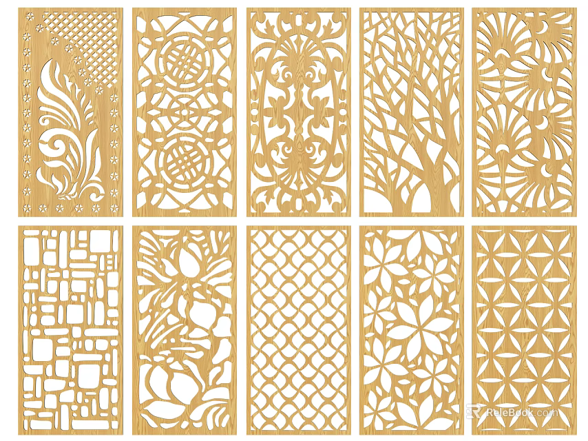 Decorative Wooden Room Dividers With Multiple Laser Cut Patterns And Gold Finish 3d model 