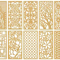 Decorative Wooden Room Dividers With Multiple Laser Cut Patterns And Gold Finish