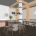 Modern Restaurant Interior Design With Wooden Accents Hanging Lights Round Tables Pink Booths And Plants
