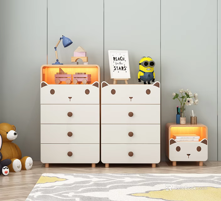 Cute Bear Ear Design White Chest of Drawers with Wooden Handles for Kids Room Decor 3d model 
