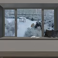 Cozy Bay Window With Snowy Winter Landscape Gray Cushions And Books On Windowsill