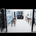 Café Interior with Blue Bookshelves Books Black Counter Wooden Tables Chairs and Warm Sunlight