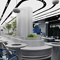 Modern Restaurant Interior With Curved Ceiling Blue Lighting And Astronaut Decor