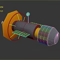 Orange Octagonal Mechanical Device Featuring Blue Cylindrical Structure Silver Interior And Black Conical Tail