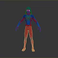 3D Superhero Character Model In Red Blue Spider Suit With Web Pattern Standing Pose