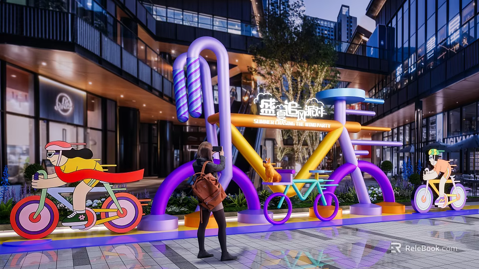 Vibrant Outdoor Photo Check In Spot Featuring Bicycle Shaped Art Installations And Neon Signs 3d model 
