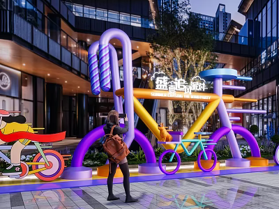 Vibrant Outdoor Photo Check In Spot Featuring Bicycle Shaped Art Installations And Neon Signs 3d model