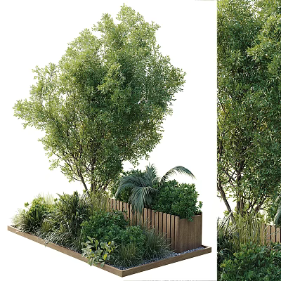 Lush Green Plants Trees Shrubs And Ferns With Wooden Fence In Garden Landscaping 3d model