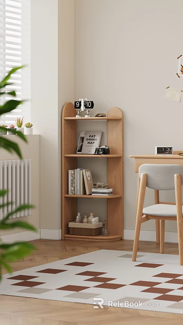 Modern Wooden Multi tiered Shelf With Books Camera And Decorative Items In Living Room 3d model 