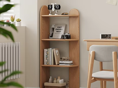 Modern Wooden Multi tiered Shelf With Books Camera And Decorative Items In Living Room 3d model