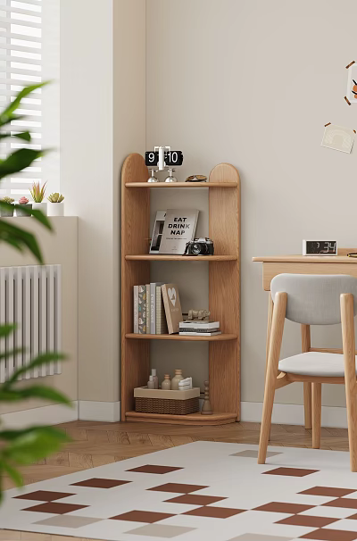 Modern Wooden Multi tiered Shelf With Books Camera And Decorative Items In Living Room 3d model