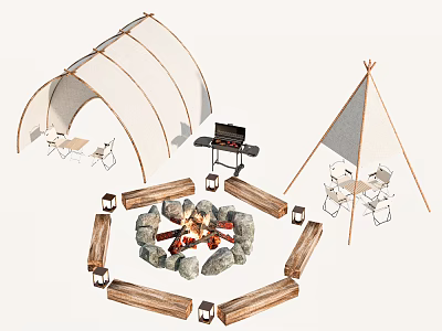 Outdoor Camping Tents With Campfire Stone Fire Pit Wooden Log Benches Grill And Tables Chairs 3d model