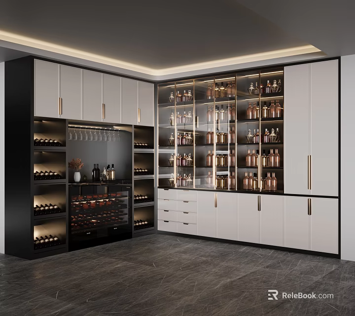 Elegant Modern Wine Cabinet with Glass Doors and Wine Bottles Storage Design 3d model 