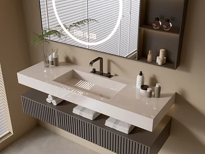 Modern Bathroom Vanity Design With Round Backlit Mirror Marble Countertop Toiletries And Towels 3d model