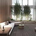 Modern Hotel Public Lounge With Wooden Walls Large Windows Green Plants And Woven Coffee Tables