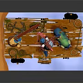 Cartoon Scene With Wooden Dock Crane Structure Playful Characters Lanterns And Barrels On Water