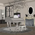 Elegant Piano Room With White Carved Piano Fireplace And Chandelier