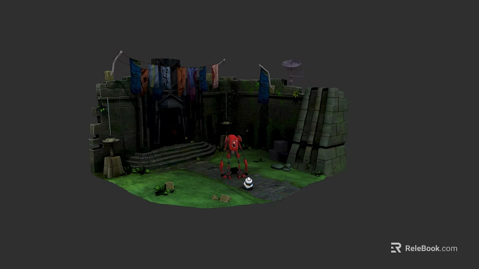 Future Architecture Inspired Castle Structure With Stone Walls Steps Flags And Red Mechanical Creature 3d model 