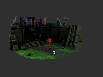 Future Architecture Inspired Castle Structure With Stone Walls Steps Flags And Red Mechanical Creature 3d model